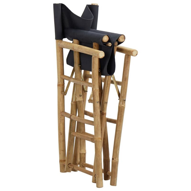 Folding Director's Chairs Set of 2, X Shape Base, Bamboo, Dark Gray - Benzara