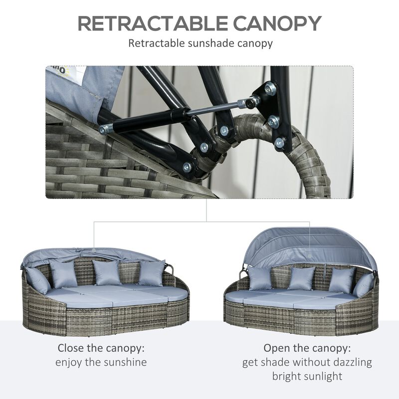Light Grey Outdoor Lounge: Rattan Daybed with Canopy & Sectional Design