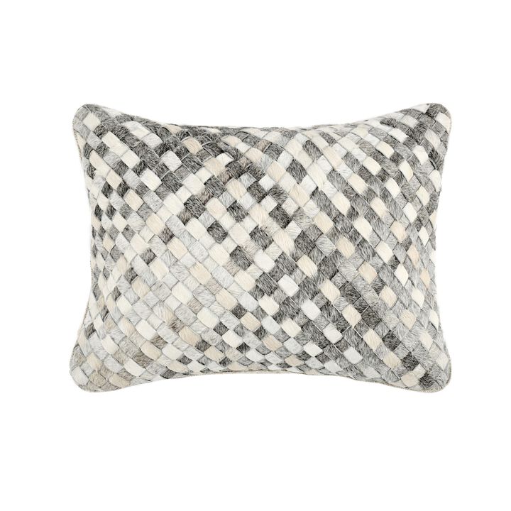 Alar Lumbar Throw Pillow, 12x16 Inch Woven Basket Pattern Hide Leather - Benzara