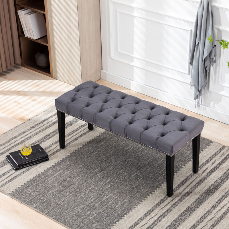 Velvet Tufted Ottoman Bench, Dark Gray