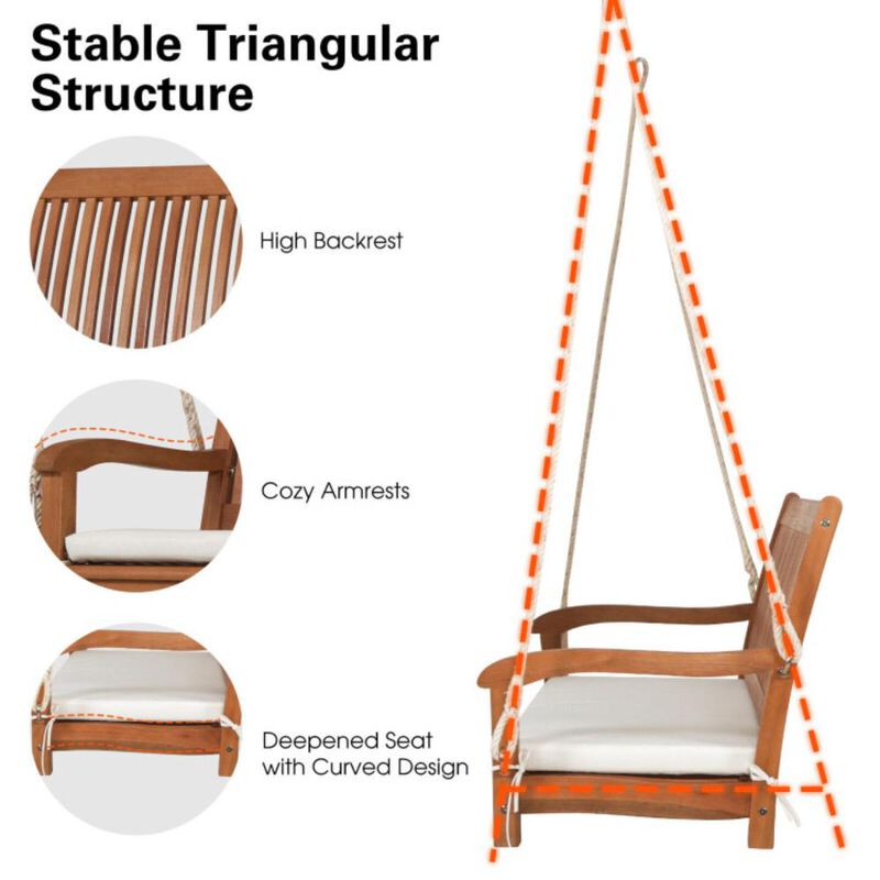 Hivvago 2-Person Hanging Porch Swing Wood Bench with Cushion Curved Back