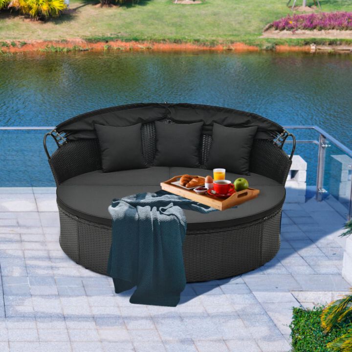 Hivvago Clamshell Patio Round Daybed Wicker with Retractable Canopy and Pillows