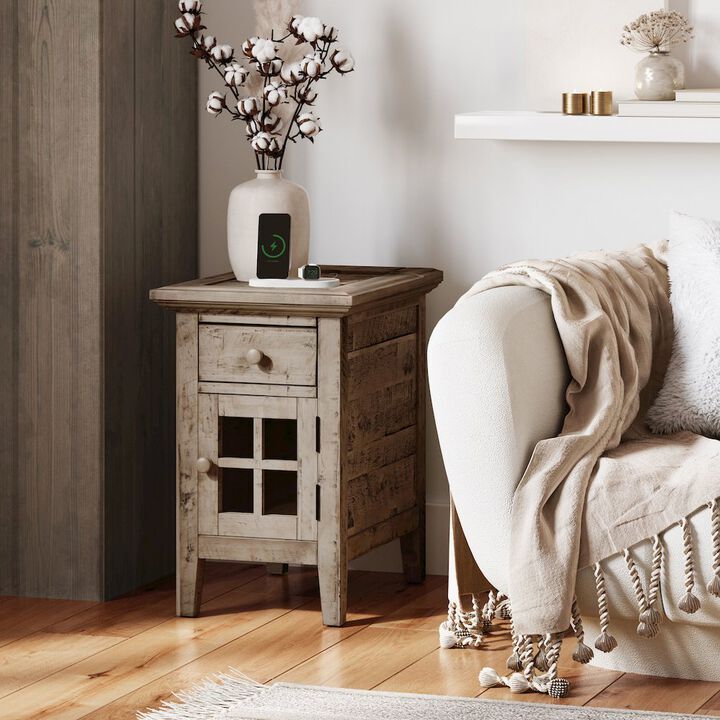 Jofran Rustic Shores Distressed Acacia USB Charging Chairside End Table