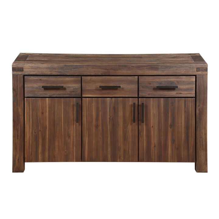 Three Drawers Solid Acacia Wood Sideboard with Three Door Cabinets, Brick Brown - Benzara