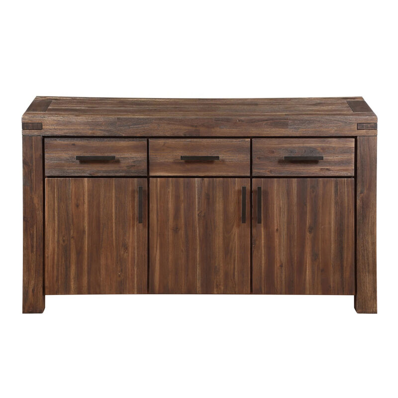 Three Drawers Solid Acacia Wood Sideboard with Three Door Cabinets, Brick Brown - Benzara