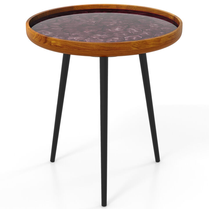 Round End Table with Sea Shell Decoration and Epoxy Resin Finish for Coastal or Beach-Inspired Living Spaces
