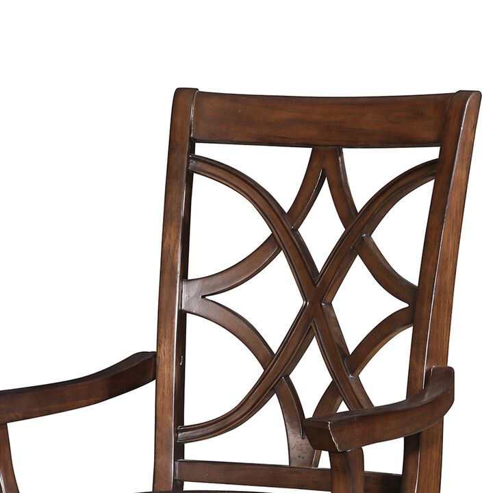 Wooden Arm Chair with Fabric Padded Seat and Lattice Design Backrest, Brown, Set of Two-Benzara