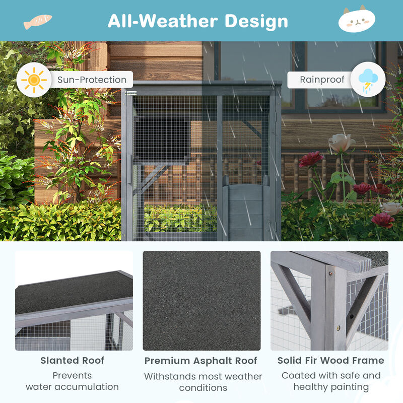 72 Inch TallWooden Cat House with Weatherproof Asphalt Roof-Grey