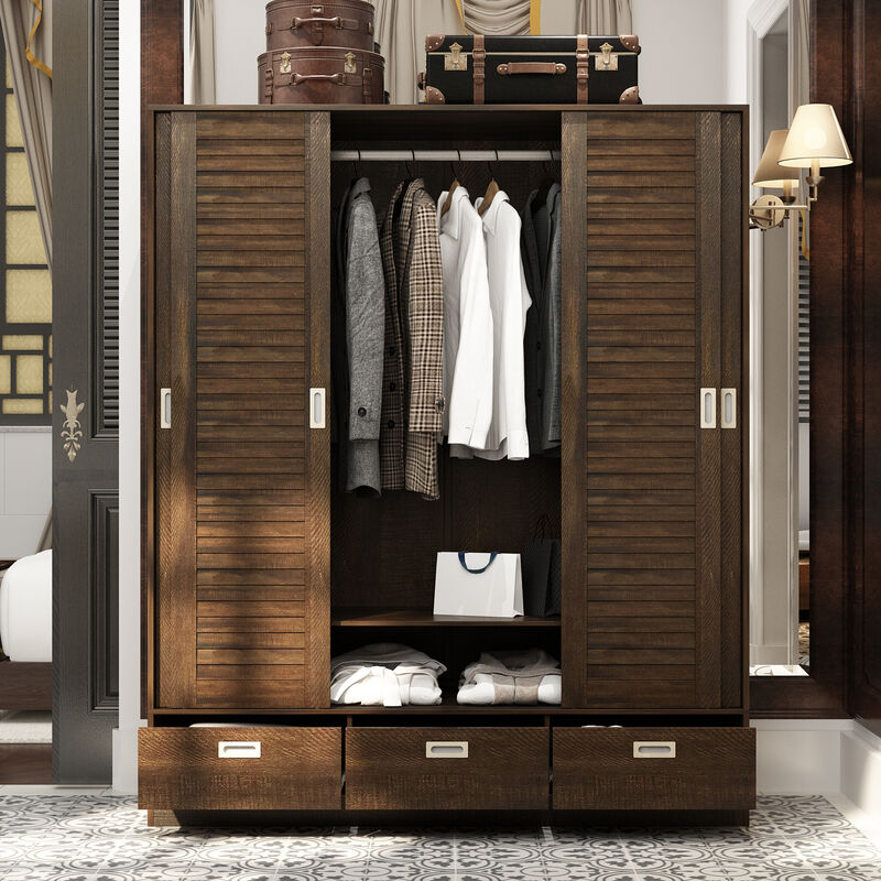 Dark Brown Wood 59.1 in. W 4-Door Big Wardwore Armoires With 4 Sliding Doors, Hanging Rods, Drawers, Storage Shelves