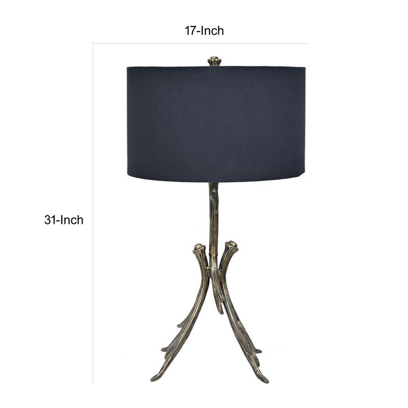 31 Inch Modern Table Lamp, Black Drum Shade, Unique Gilt Base Bronze Metal - Benzara