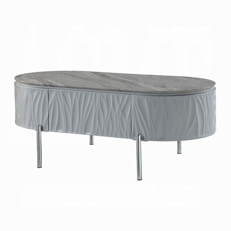 Doug Coffee Table, Gray High Gloss, Chrome Metal, Gray Wood, 47 Inch - Benzara