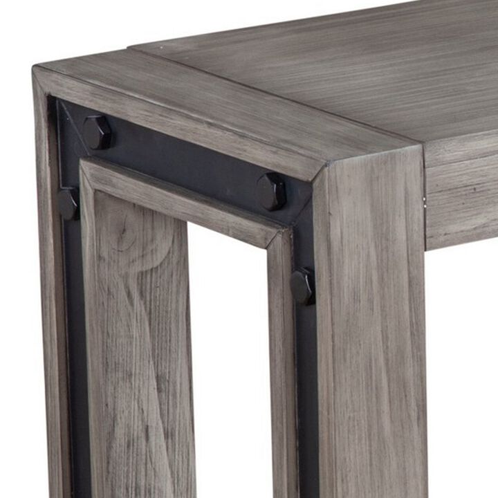 Ebb 59 Inch Rectangular Dining Bench, Faux Metal Inset, Handcrafted, Gray -Benzara