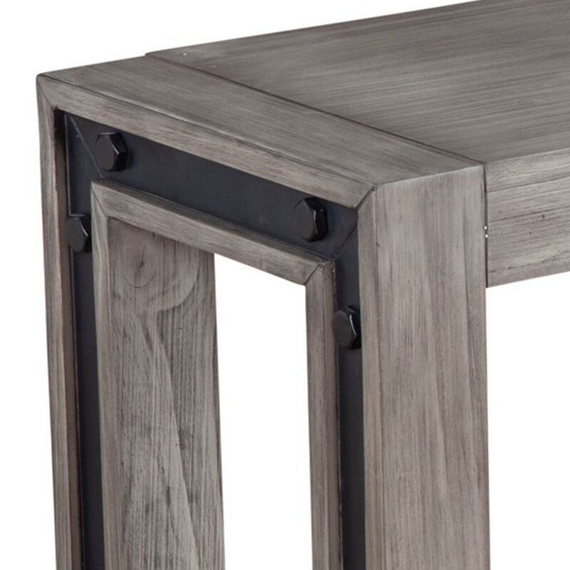 Ebb 59 Inch Rectangular Dining Bench, Faux Metal Inset, Handcrafted, Gray -Benzara