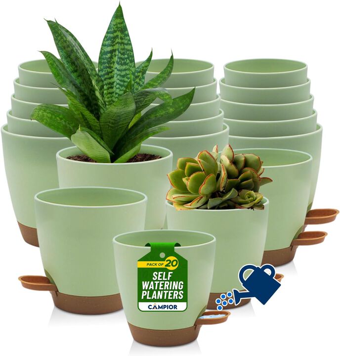 Campior Self-Watering Planters - 5 Size Indoor and Outdoor Plant Pots with Drainage Holes and Wick Rope, Plastic Pot for Succulents, Flowers, and Plants, (7”,6.5”,6”,5.5”,5” Inches), Pack of 20, Black