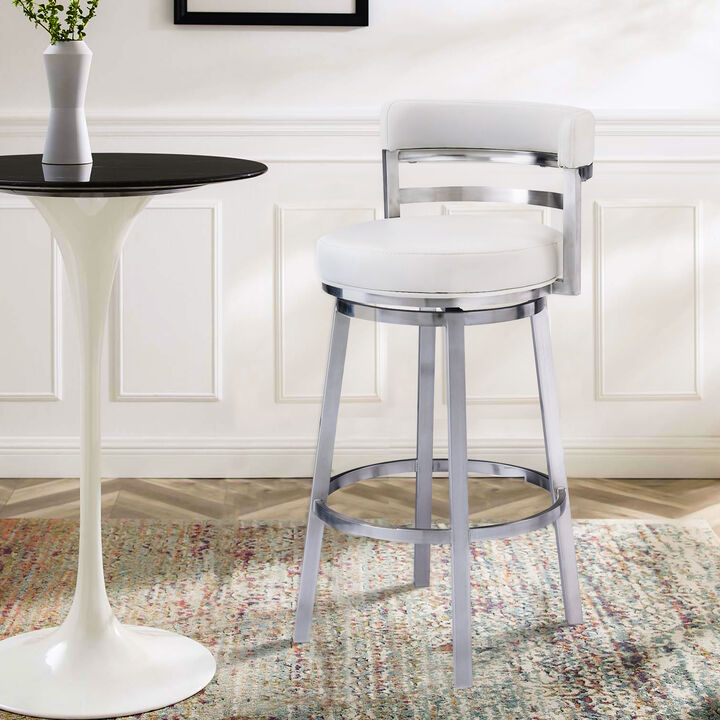 Leatherette Curved Back Counter Barstool with Swivel Mechanism, White-Benzara