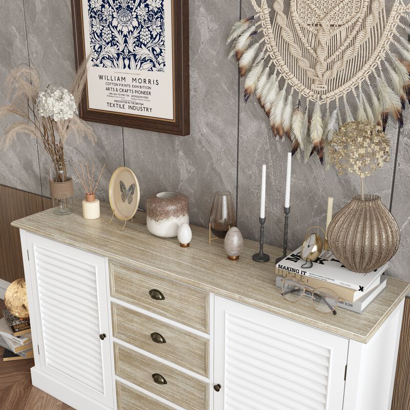 FUFU&GAGA Modern Sideboard Cabinet with Louvered Doors and Drawers,  (59"W x 15.7"D x 31.5"H),White and Brown