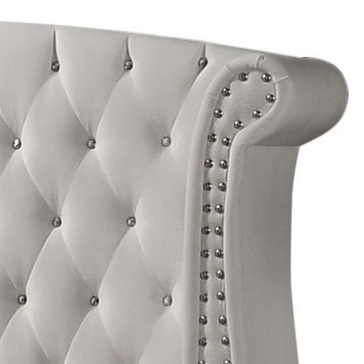 Dini Wingback Queen Bed, Crystal Button Tufting, White Velvet Upholstery - Benzara