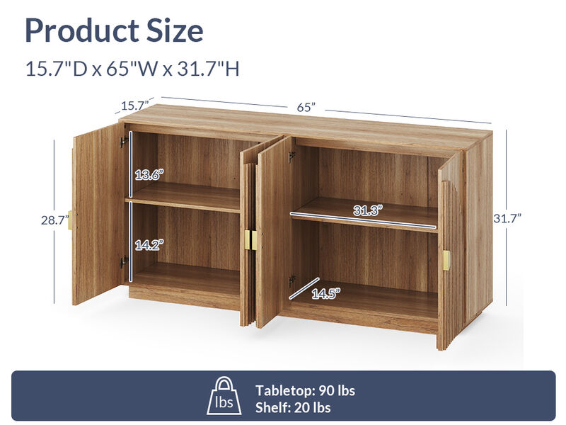 BELLEZE 65 Inch Fluted Buffet Cabinet with Storage, Symmetrical Arc Accent Sideboard Large Console Table for Dining Room, Kitchen, and Living Room (Caramel Brown)