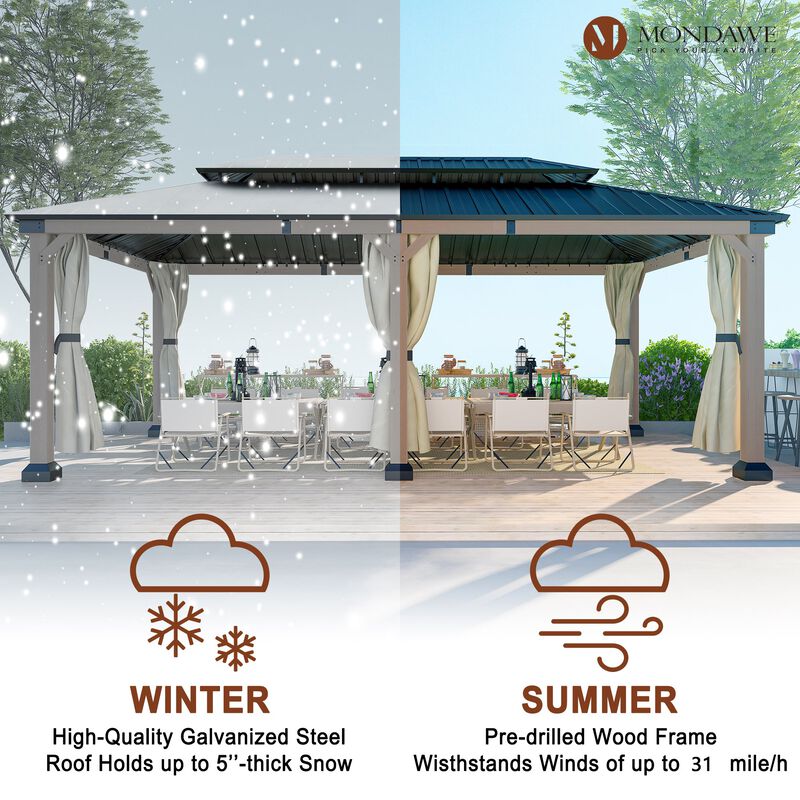 Mondawe Beverly Hills 12 ft. x 20 ft. Outdoor Fir Solid Wood Frame Patio Gazebo Canopy Shelter Galvanized Steel Hardtop Curtain