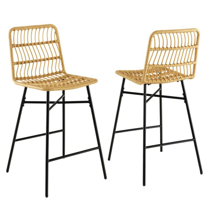 Hivvago Set of 2 Rattan Bar Stools with Sturdy Metal Frame-Yellow