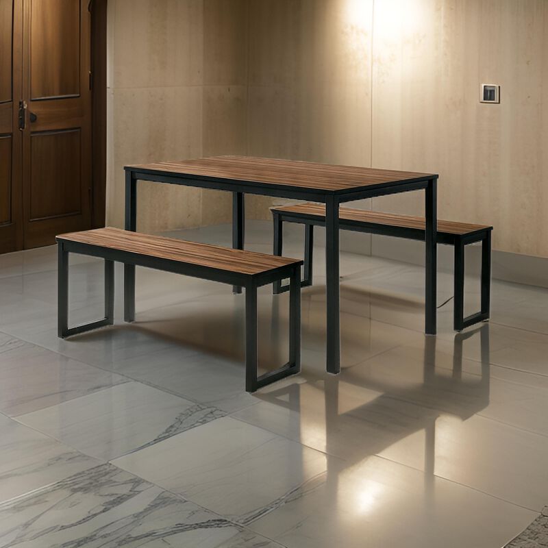 3 Piece Dining Table Set, 2 Benches, Brown Wood Grain Top, Black Metal - Benzara
