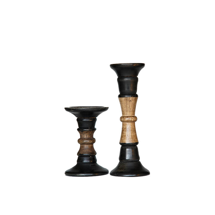 Traditional Dark Polish Eco-friendly Handmade Mango Wood Set Of Two 6" & 12" Pillar Candle Holder