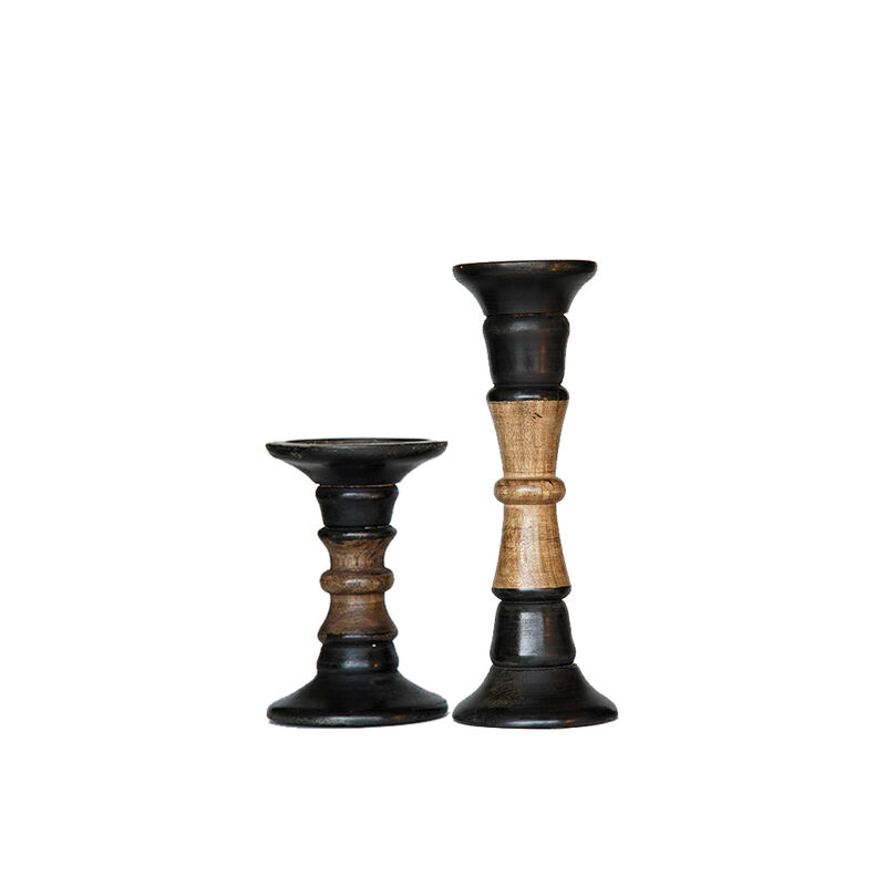 Traditional Dark Polish Eco-friendly Handmade Mango Wood Set Of Two 6" & 12" Pillar Candle Holder
