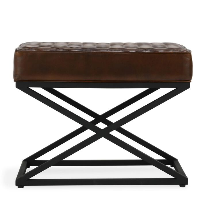 Idra Accent Bench Stool, X-Cross Iron, Diamond Quilted Brown Leather - Benzara