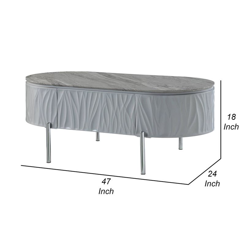 Doug Coffee Table, Gray High Gloss, Chrome Metal, Gray Wood, 47 Inch - Benzara