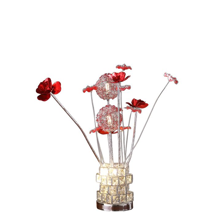 Accent Table Lamp, LED, Red Roses, Crystal Square Vase, Chrome 21 Inch - Benzara