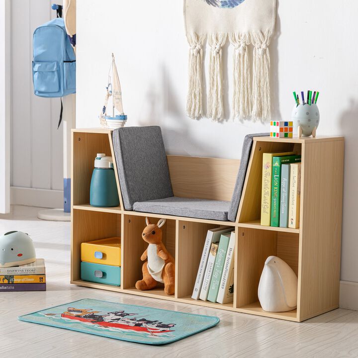 Natural Kids' Nook: 6-Cube Bookcase Organizer with Reading Seat