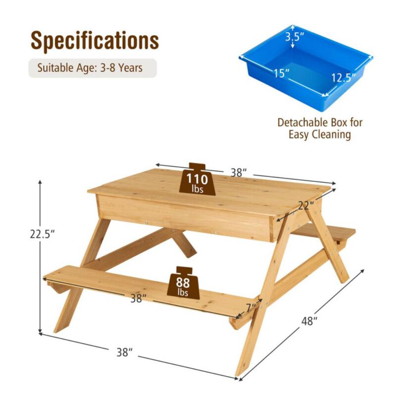 Hivvago 3-in-1 Kids Picnic Table Wooden Outdoor Water Sand Table with Play Boxes