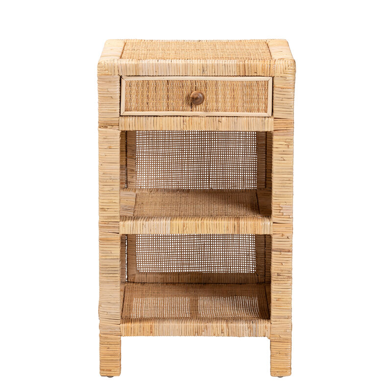 Baxton Studio Bella Natural Brown Mahogany Wood And Natural Rattan 1 Drawer Nightstand