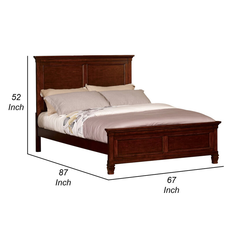 Umi Queen Size Bed, Classic Panel Design with Molded Details, Brown Wood - Benzara