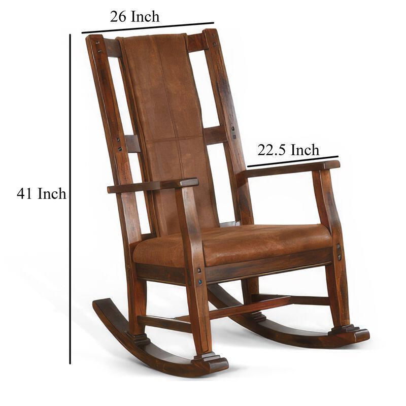 Odel Rocking Chair, Faux Leather Seat and Back, Dark Chocolate Brown - Benzara