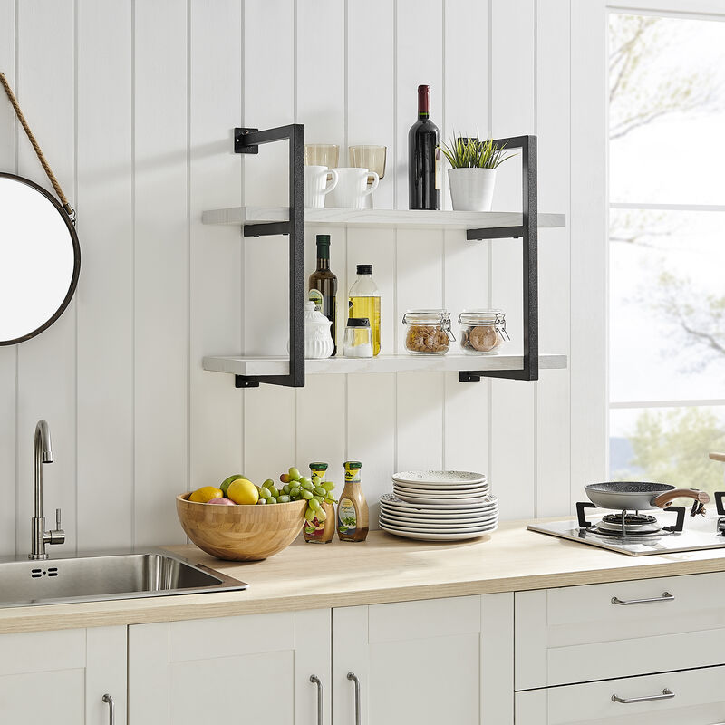 Modern 2-Tier Hanging Bracket Wall Shelves in Black Metal and White Birch Finish