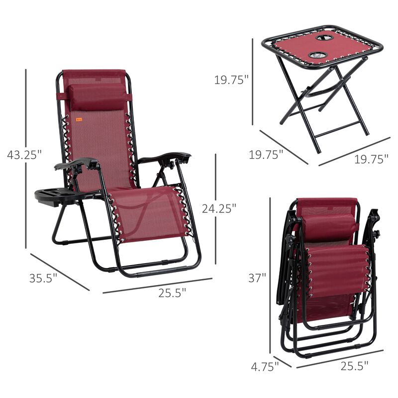 Grey Outdoor Loungers: 3-Piece Zero Gravity Set with Side Table