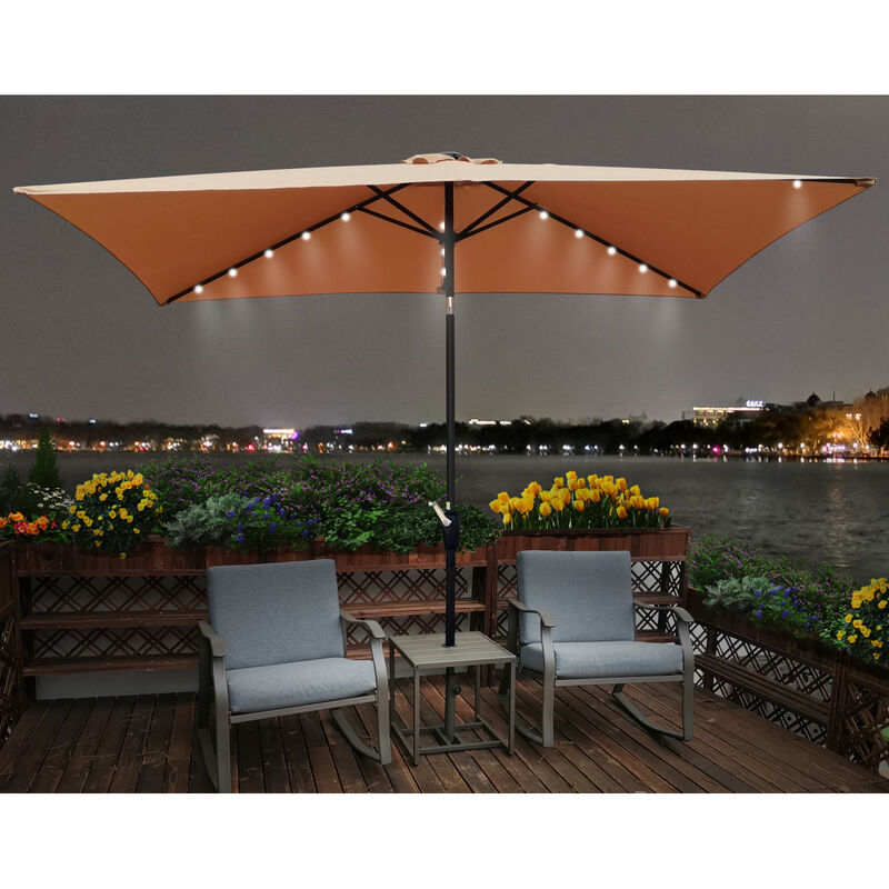 10 X 6.5FT Rectangular Patio Solar LED Lighted Outdoor Umbrellas With Crank And Push Button