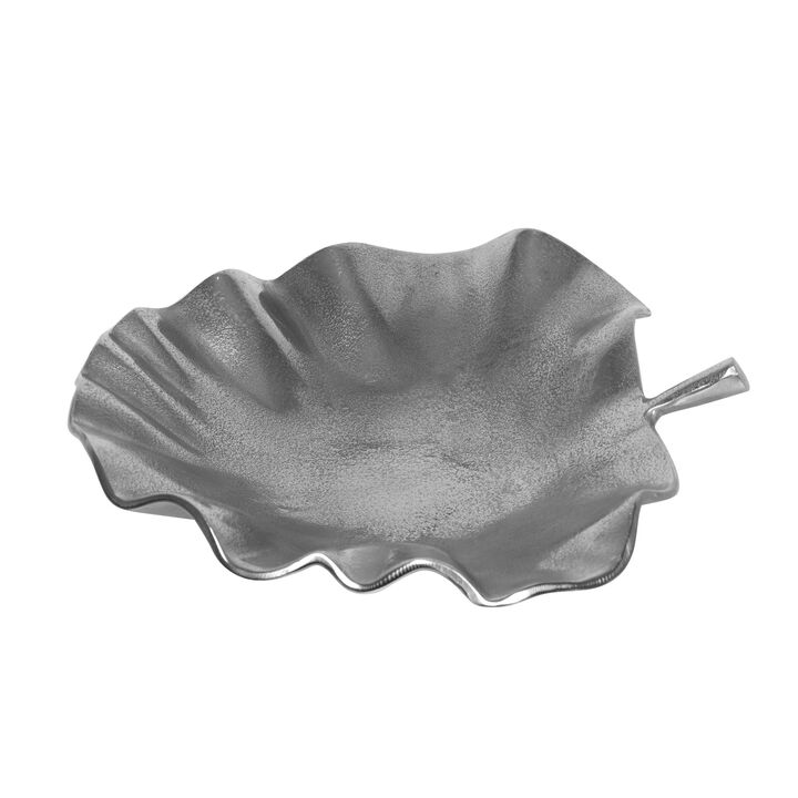 Decorative Tray Plate, Leaf Shape Design, Aluminum Silver Finish -Benzara
