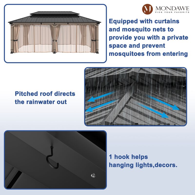 Mondawe Beverly Hills 12 ft. x 20 ft. Outdoor Fir Solid Wood Frame Patio Gazebo Canopy Shelter Galvanized Steel Hardtop with Netting And Curtain