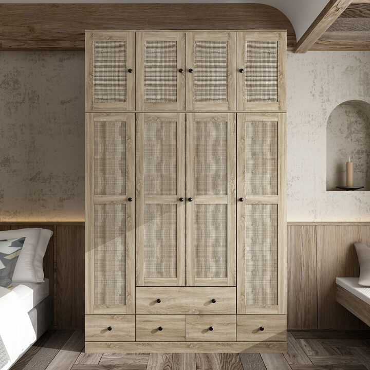 FUFU&GAGA Wood Grain Rattan Doors Design Armoires Wardrobe with 4-Drawers, 2-Hanging Rods  (59.1" W x 19" D x 94.5" H),Brown