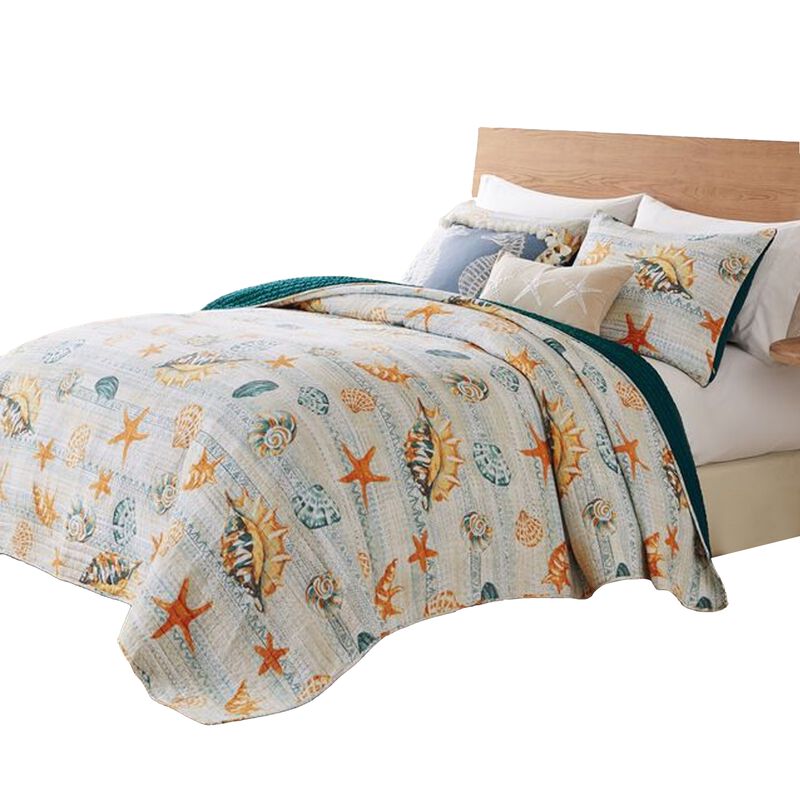 Carie 2pc XL Twin Quilt Set, Coastal Seashells, Blue Cotton Microfiber