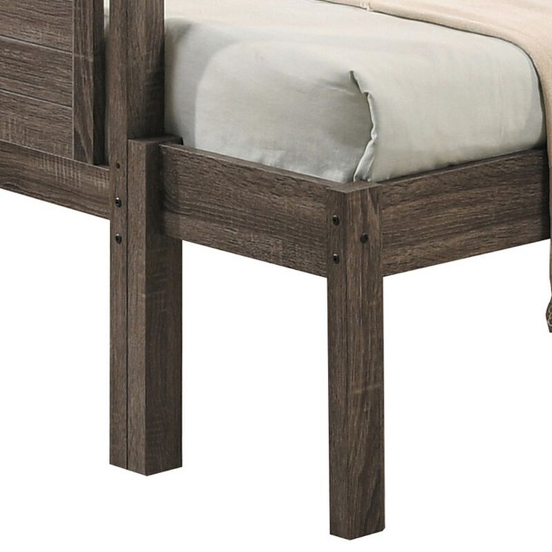 Twin over Full Bunk Bed Set, Slatted Guard Rails, Weathered Brown Wood - Benzara