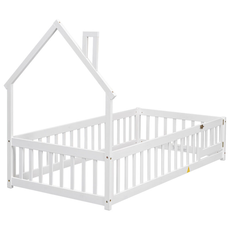 Twin House-Shaped Headboard Floor Bed with Fence, Natural