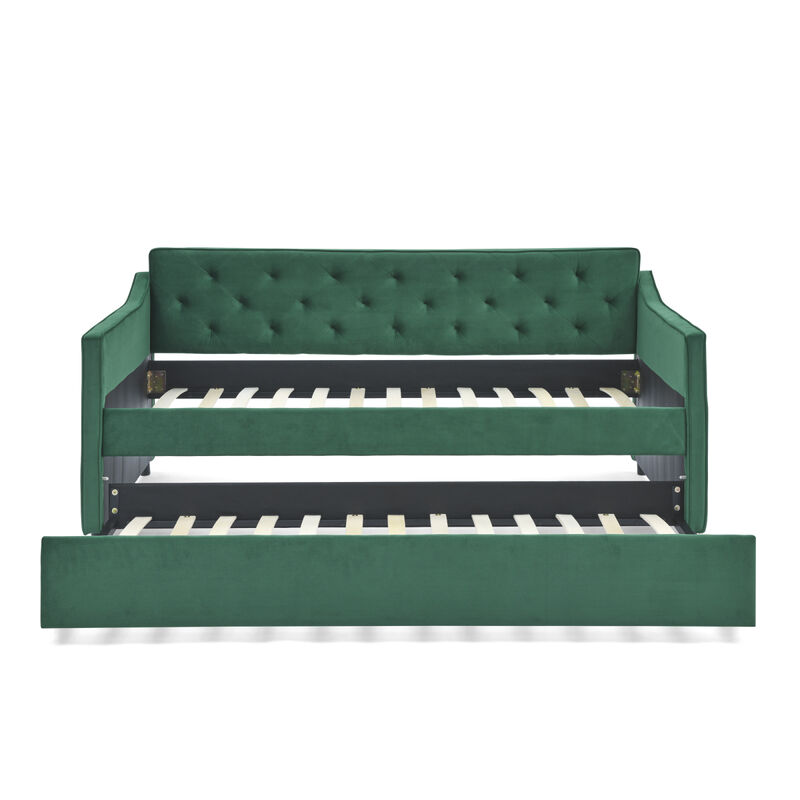 Tufted Twin Daybed with Trundle, Beige (80.5" x 44.5" x 33.5")
