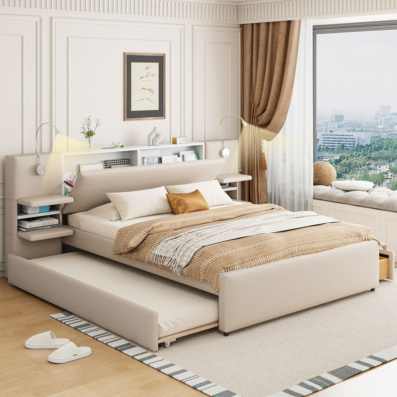Merax Upholstered Platform Bed with Reading Lights