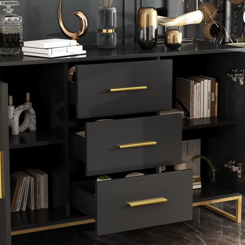 Black Storage Accent Cabinets with 3-Drawers and 2-Cabinets, Metal Legs Cupboard Floor-Standing Sideboard