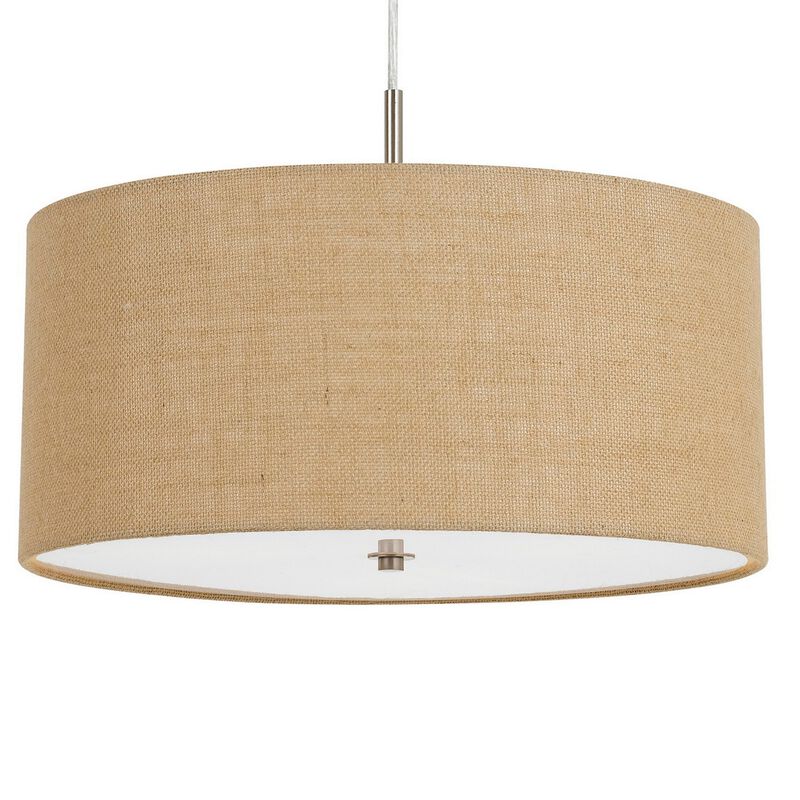 Metal Pendant Lighting with Fabric Circular Drum Shade and Cord, Beige - Benzara