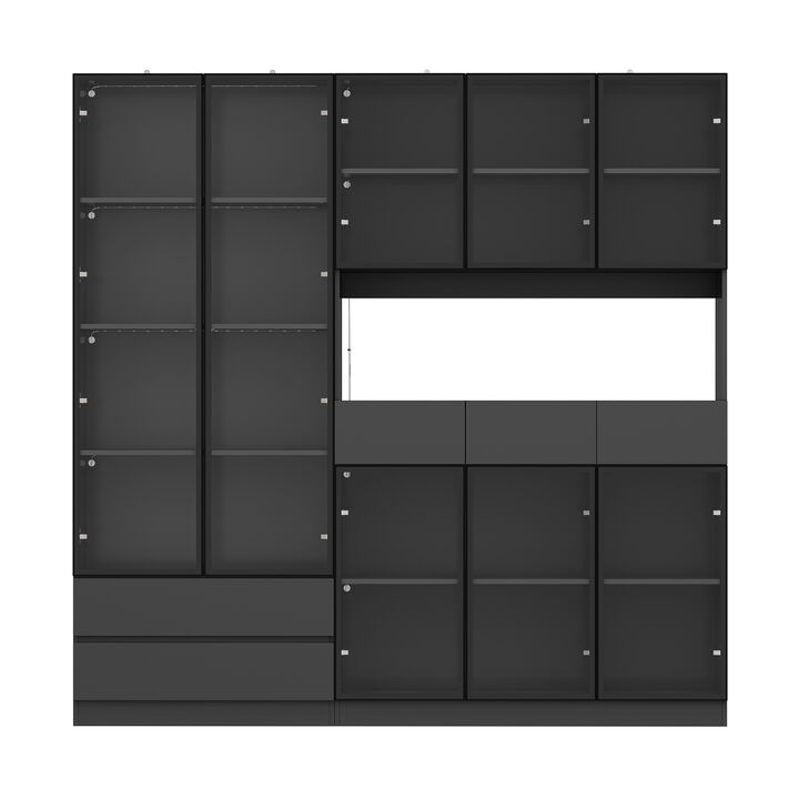 FUFU&GAGA Contemporary Black Pantry with Wine Storage, LED Lighting, Glass Doors, Touch Switch, (78.7" L x 14.2" W x 78.7" H),Black