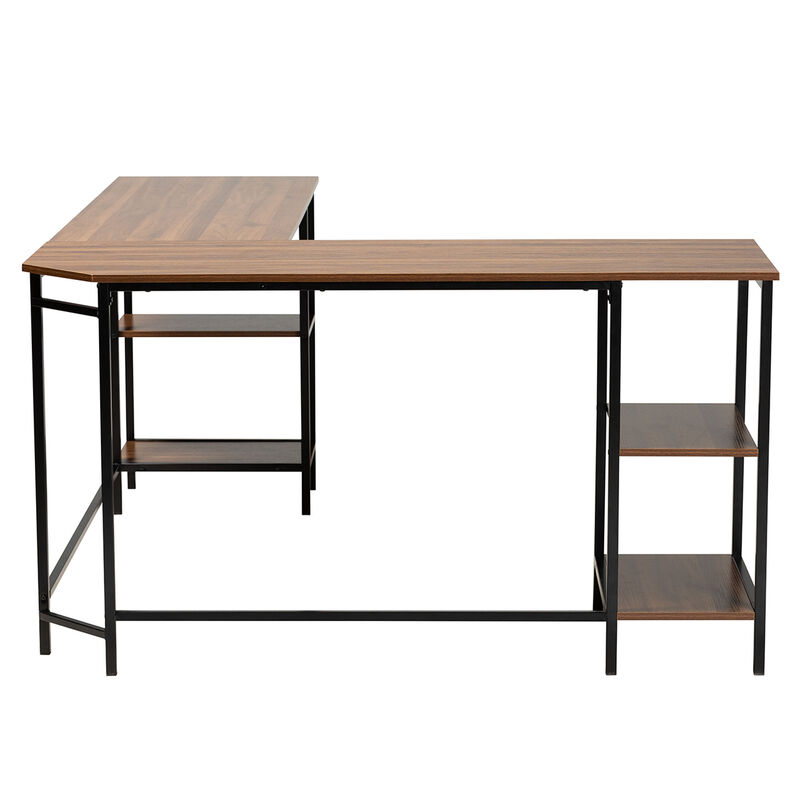 Baxton Studio Lydia Walnut Brown Finished and Black Metal L-Shaped Corner Desk with Shelves